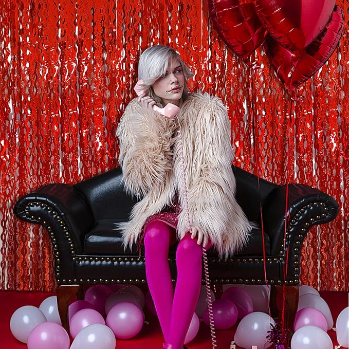 BOMSI Red Tinsel Foil Fringe Curtains Wavy Backdrop for Parties Sparkle Metallic Wavy Foil Fringe Backdrop Curtain for Party Decorations Photo Booth Props Birthday Graduation Wedding Valentines Decor