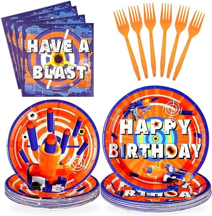 96Pcs Dart War Party Supplies Dart War Party Plates and Napkins Forks Disposable 350GSM Tableware Set for Kids Boys Birthday Party Dart War Themed Party Party Decorations,Serves 24