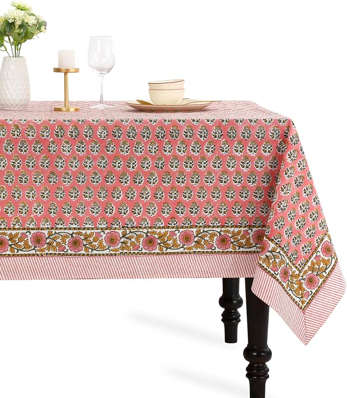 CPC Cotton Tablecloth 60x108 Inch Rectangle Indian Block Print Table Cloth- Green Washable Wedding, Dinning, Farmhouse, Floral Table Cover for Summer - Poppy Pink
