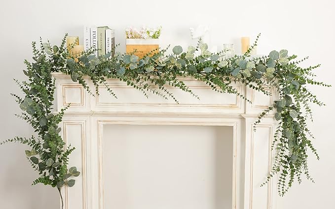 9 FT Eucalyptus Greenery Garlands for Table, Artificial Long Greenery Garlands, Spring Green Eucalyptus Garland for Wedding, Mantle, Party, Home Decor