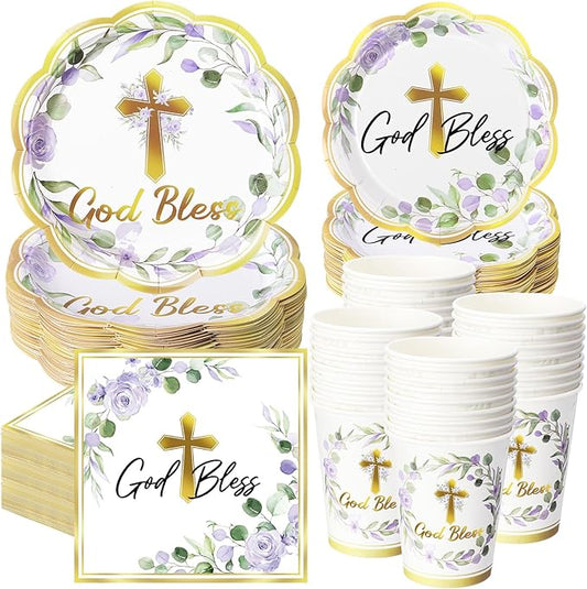 Ziliny 250 Pcs God Bless Baptism Party Tableware Set for 50 Guest First Holy Communion Decorations Purple Eucalyptus Leaves Paper Plates Napkins and Cups for Christening Baby Shower Religious