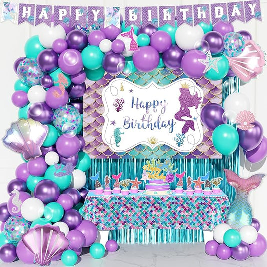 Mermaid Birthday Decorations, Mermaid Party Decorations, Purple Teal Blue Backdrop Balloon Cutout Banner Tablecloth Cake Cupcake Topper for Seashell Under the Sea Ocean Party Supplies