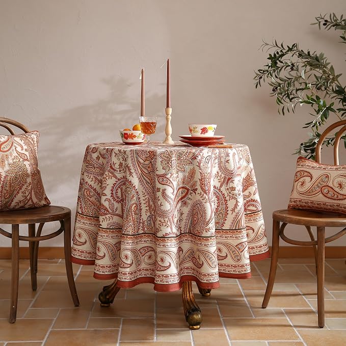 ISAENNE Designer Vintage Round Linen Tablecloth,Diameter 67"-Chauffrey D | Vintage French Table Cloth Round Table,Cashew Pattern,Durable,Heavyweight,Dining Room,Kitchen,Tea Party,Thanksgiving