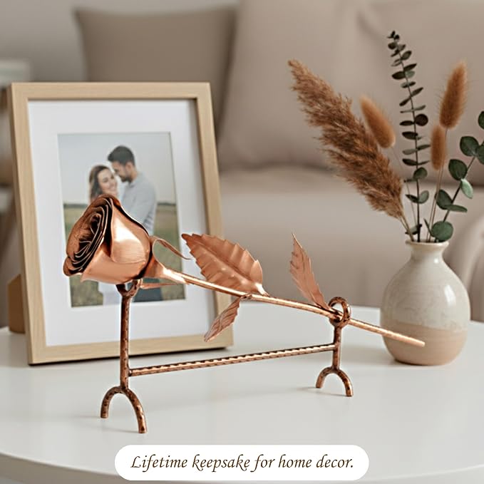 Copper Rose with Stand for 7th or 22nd Anniversary – Handmade Pure Copper Flower with Hammered Stand – Romantic Wedding Gift for Wife or Her