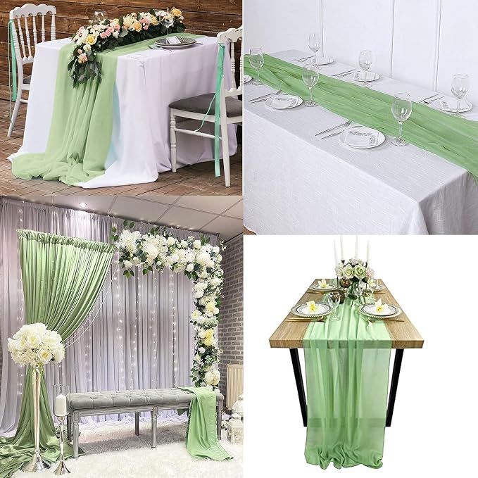 Fivenl 12 Packs Chiffon Table Runner - Sage Green, Sheer, Romantic Style for Wedding, Birthday, Party Decoration (12" x 120")