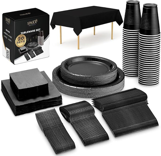 Black Party Supplies Set Paper Plates Plastic Cups Forks Knives Spoons Napkins Tablecloth Serves 20 Guests Disposable Dinnerware Set of 222 Pieces, Complete Tableware for Party - By SparkSettings