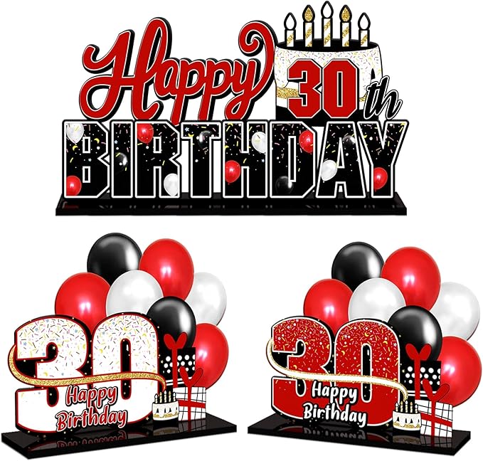 LINGTEER Happy 30th Birthday Red Acrylic Table Topper Centerpieces Set - Cheers to Thirty Years Old Birthday 30th Bday Party Gift Decorations.