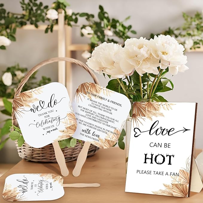 Fumete Wedding Favors for Guests 50 Pcs Wedding Fans and 1 Pc Table Sign Portable Paper Fan with Wooden Handle Hand Fan for Bridal Shower Party Favor Appreciation Gift(Boho)