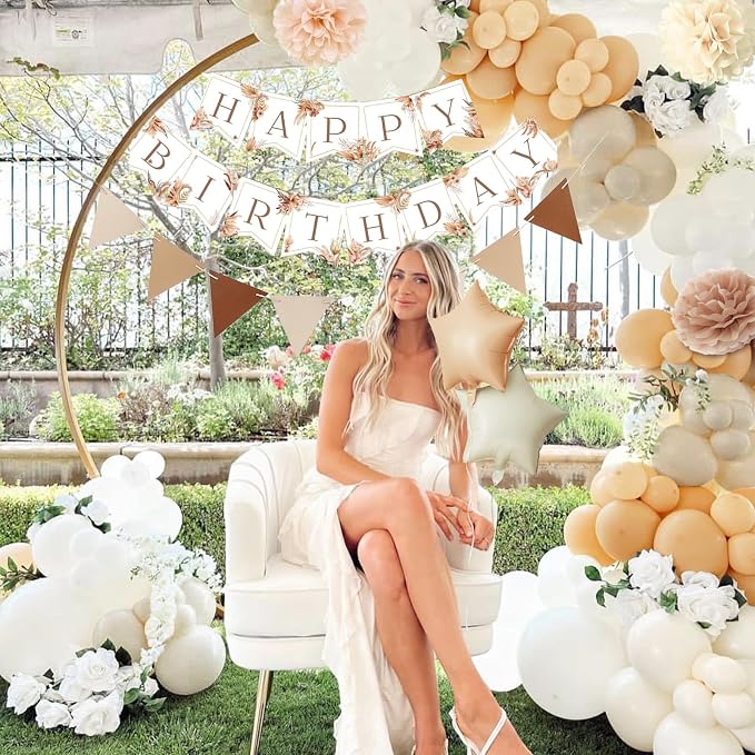 Birthday Decorations for Women - Beige Cream Neutral Balloons, Happy Birthday Decorations, Boho Party Banner
