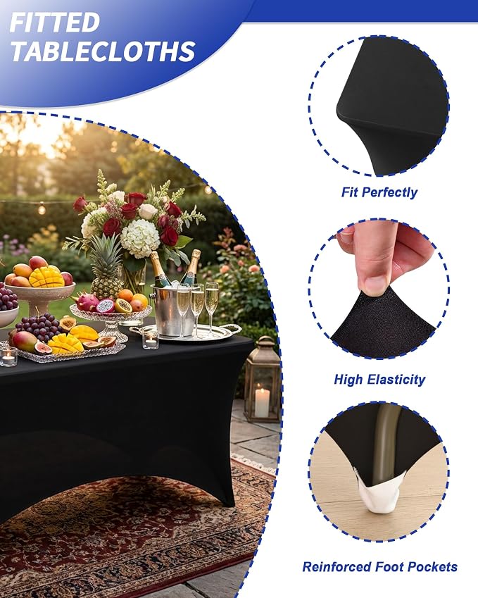Fixwal 3 Pack Black Tablecloth Rectangle 4Ft, Stretch Spandex Fitted Table Cover for Party, Trade Show, Wedding, Buffet, Graduation, Vendor Stand