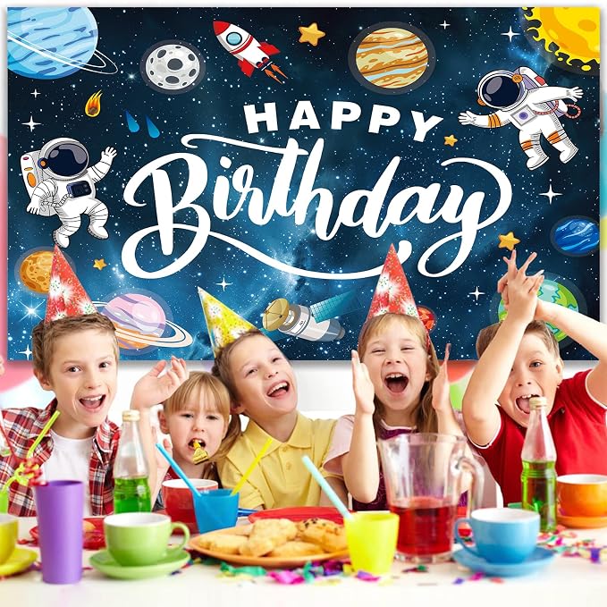 Space Themed Party Backdrop for Children, 5x3ft Cartoon Outer Space Photography Background, Galaxy Starry Sky Decoration Ideal for Kids’ Birthday Parties & Astronomy Enthusiast Events