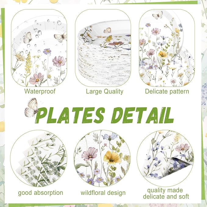 Ziliny 250 Pcs Wildflower Party Decorations Include Spring Summer Floral Paper Plates Napkins and Cups for Wildflower Baby Shower Tea Decorations, Serve 50 Guest(Light Color,Elegant Style)