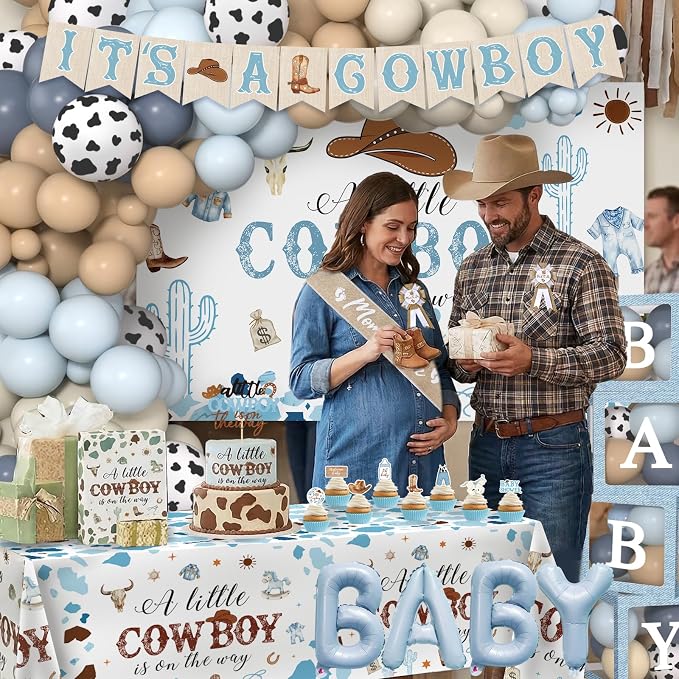 Cowboy Baby Shower Decorations for Boy, Blue Brown Balloons Arch Kit Balloon Boxes A Little Cowboy is on the Way Backdrop Banner Tablecloth Cake Topper Sash Corsage for Western Baby Shower Decor