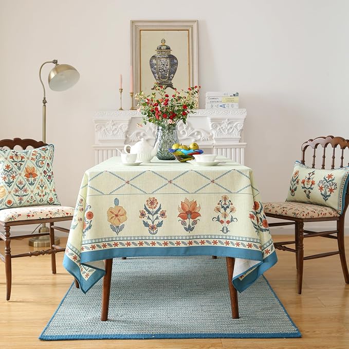 ISAENNE Designer Vintage Linen Rectangular Tablecloth,87"x55"-Floralsea B | French Elegant Printed Table Cloth for Rectangle Table,Floral Pattern,Decor,Heavyweight,Dining Room,Kitchen,Thanksgiving
