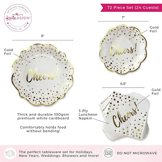 Kate Aspen 72pc Gold Foil Cheers & Dots Tableware Set Party Kit - 24pcs 7 inch & 9 inch Heavy Duty Disposable Party Plates, 24pcs 6.5 inch Durable Paper Napkins