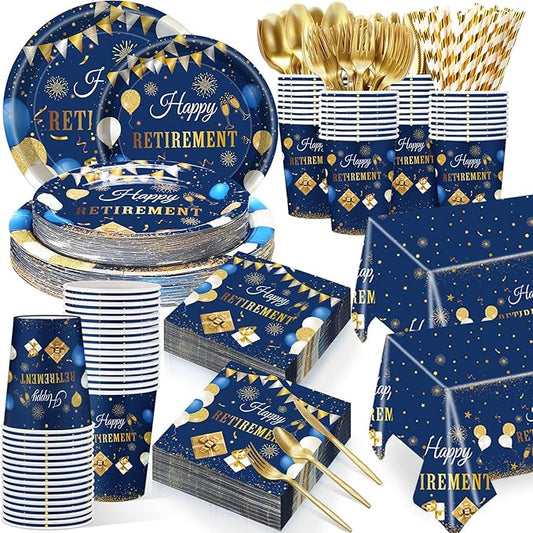 Funnymoom 452 Pcs Retirement Party Decorations Supplies Set Include Blue Gold Retirement Paper Plates Napkins Cups Tablecloth Cutlery Straws for Men Women Say Goodbye Party