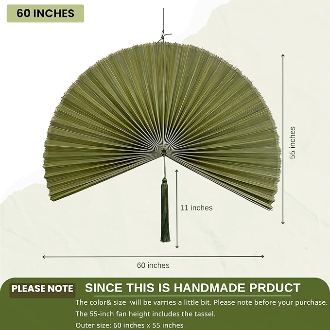 ChumDecor Fan Wall Decor, Japanese Giant Fan, Large Bamboo Fan Wall Art For Boho Hanging Headboard, Decorative Folding Fans For Over Bed, Asia Trending (Army Green 60inch)