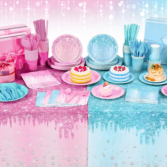Potchen 452 Pcs Party Supplies Serve 50 Guests, Paper Plates Napkins Cups Cutlery Plastic Tablecloth Dinnerware for Birthday Wedding Party Decoration(Pink and Blue, Gender Reveal)
