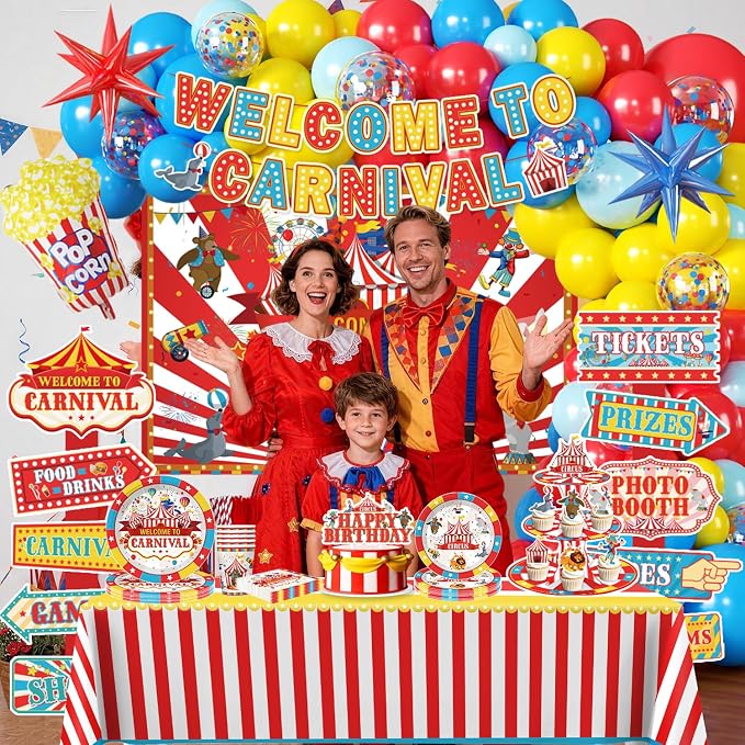 Cocomigo 302 PCS Circus Theme Party Decorations, All-in-One Carnival Theme Party Decorations Set with 25pcs Plates, Napkins, Tablecloths, Banner, Balloon Arch Circus Party Decorations for Girl & Boy