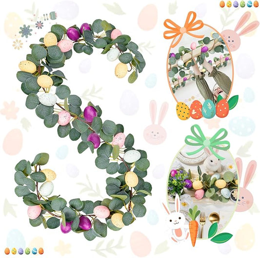 MAKHOT 2PCS 6.6Ft Easter Garland for Mantle Fireplace, Green Vines and Artificial Colored Eggs Garland Easter Decor for Home Indoor
