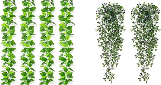 BLEUM CADE 4Pcs 30FT Pothos Ivy Garland & 2Pcs Mandala Hanging Plants with Pots, Fake Greenery for Bedroom Wedding Arch Indoor Outdoor Decor