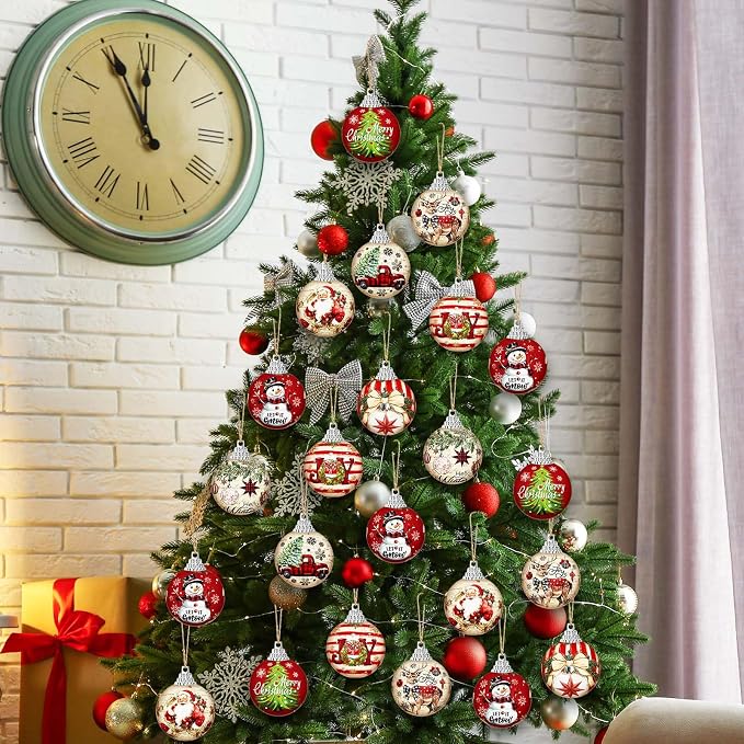 Outus 16 Pcs Christmas Ball Ornaments for Tree Merry Christmas Snow Joy Hanging Ornaments Xmas Santa Claus Snowman Balls for Tree Decoration Xmas Gifts Farmhouse Home Fireplace Decoration