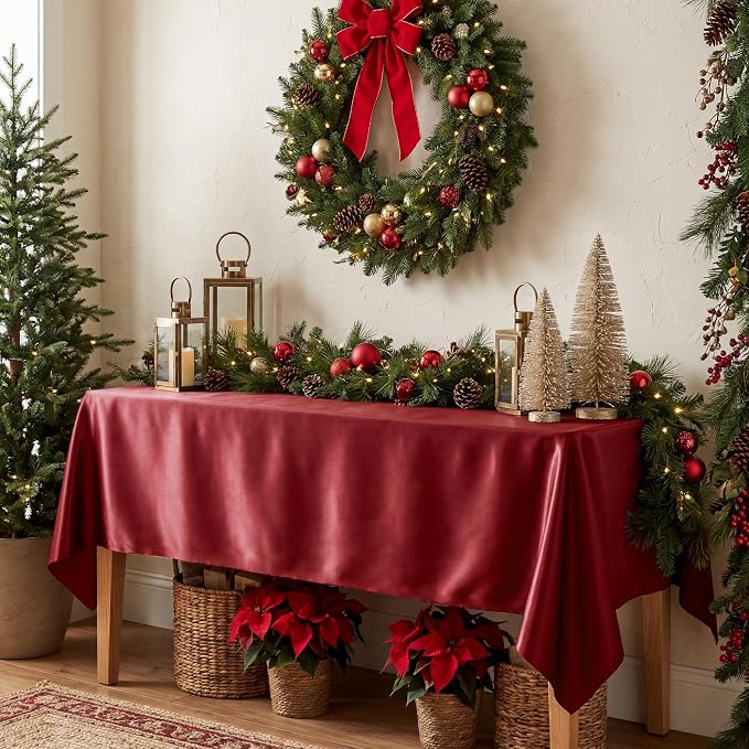 4 Pack Burgundy Satin Tablecloth 58 x 102 Inches, Rectangular Satin Table Cloths for Wedding Reception, Birthday Party, Graduation & Holiday Banquet Tables