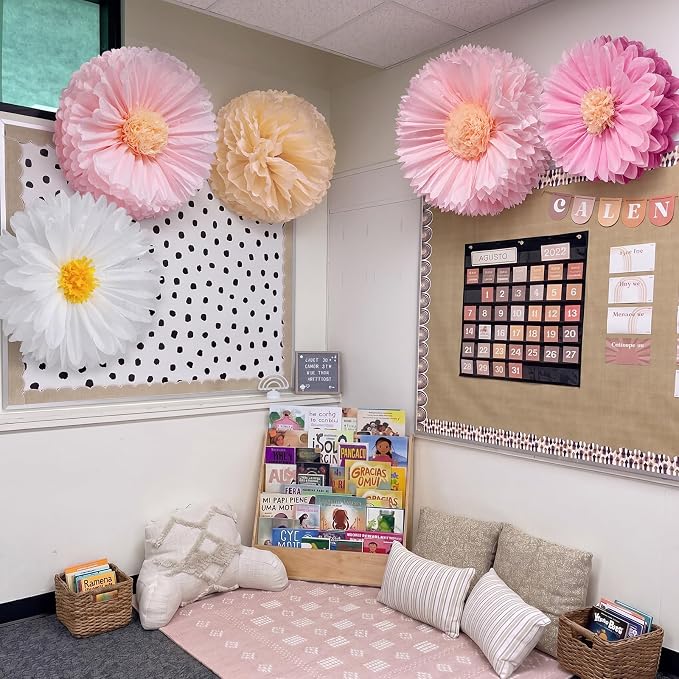 Chunful 5 Pcs 30'' 24'' Pink Giant Tissue Paper Flowers for Back to School Decor Large Hanging Crepe Paper Pom Poms for First Day of School Bulletin Board Welcome Party Decor