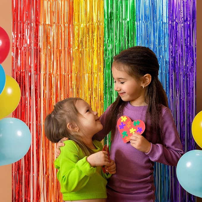 LOLStar Rainbow Party Decorations, 2 Pack 3.3x6.6ft Pride Decorations, Cartoon Birthday Decor Foil Fringe Curtains Rainbow Theme Backdrop, Streamers Photobooth Prop for Happy Kindergarten Graduation