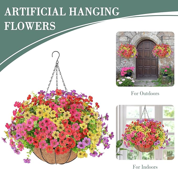Artificial Flowers Hanging Plants in Basket,Artificial Hanging Flowers for Outdoor Indoor Decor,UV Resistant hanging Baskets with Fake Flowers for Spring Summer Patio Garden Porch Deck Home Decor
