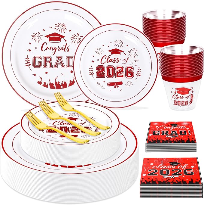 150 Pcs 2026 Graduation Plastic Plates with Disposable Silverware Serves 30 Guests, White Red Graduation Disposable Plates Including 30 Dinner&Dessert Plates, Cups, Napkins, Gold Forks for Party