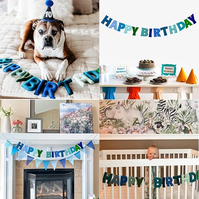 Pre-Strung Happy Birthday Banner - Felt Ball Garland, Rainbow Party Decorations, HAPPY BIRTHDAY Garland, Personalized Birthday Sign for Birthday Decor, Party Decor, Photo Prop (Blue Happy Birthday Banner)