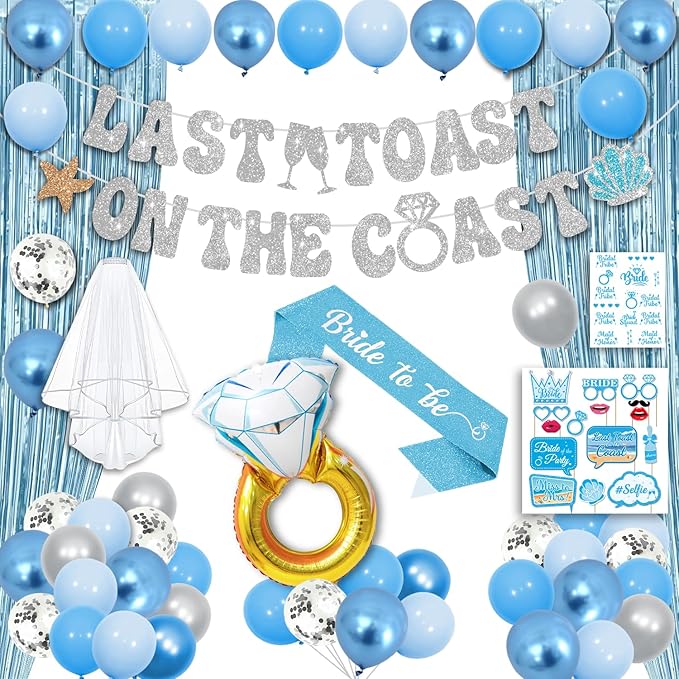 Last Toast on The Coast Bachelorette Decorations, Blue and Silver Bachelorette Party Favors Include Last Toast on The Coast Banner, Bachelorette Temporary Tattoos, Bride Balloons Bachelorette Decor