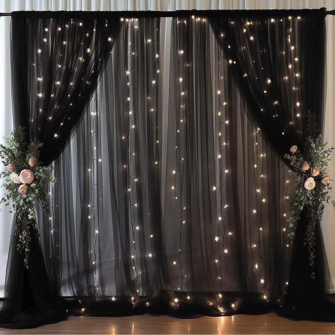 20x8ft Black Tulle Backdrop Curtain with Lights String for Parites, Sheer Backdrop Curtains for Wedding Baby Shower Birthday Party Photo Shoot Decorations