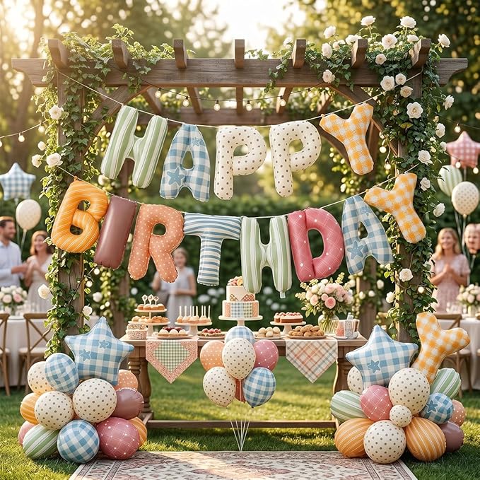 Colorful Happy Birthday Banner Foil Letter Balloon, 14 Inch 3D Plaid, Polka Dots, Stripes Patterned Reusable Mylar Foil Letters, Birthday Decorations (Birthday Banner 1)