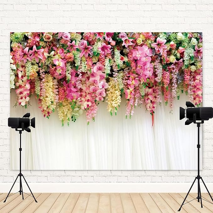 10x7ft Pink Floral Backdrop White Curtain Wedding Reception Photography Background Colorful Flowers Anniversary Bridal Shower Decorations Birthday Party Baby Shower Portrait Photo Booth Prop