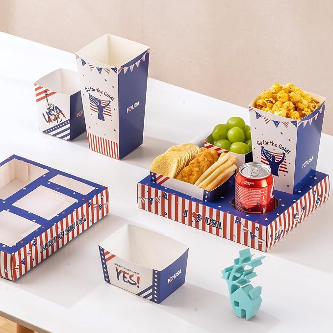 Baffect Patriotic Movie Night Snack Trays 100pcs Include 20 Red White Blue Snack Trays, 20 Popcorn Boxes, 20 Salad Bowls, 20 Nacho Bowls, 20 Party Invitations, 4th Of July Movie Night Supplies