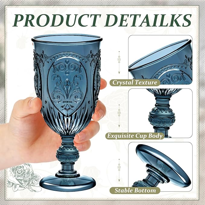 Wiwiqing 24 Pcs Plastic Goblets 7.5oz Vintage Goblet Plastic Wine Glasses Colored Retro Embossed Water Goblets for Wine Bar Juice Baby Shower Wedding Reception Grand Event Party (Mixed Color)