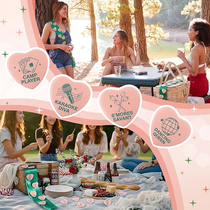 Tondiamo 36 Pcs Camp Bachelorette Party Badges with 12 Pcs Sashes Camping Bachelorette Decorations Buttons Pins for Bridal Showers Accessories Wedding Bachelor Party Favors DIY Costume Backpack Gifts