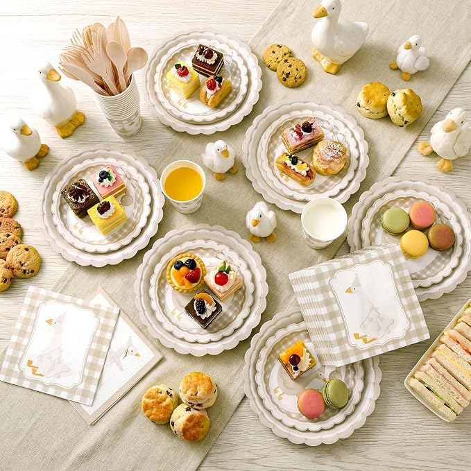 Zhehao 350 Pcs One Silly Goose Birthday Party Tableware Set Beige Bow Scalloped Baby Shower Plates Cup Napkins Forks for Birthday Party Decorations Supplies for 50 Guests