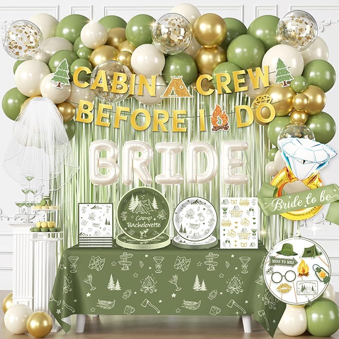 cocomigo 244 PCS Camp Bachelorette Decorations, Hassle-Free One-Stop Set for 25 Guests, With Balloon, Banner, Photo Props, Tattoos, Plates and Napkins, Easy Setup for Camp Bachelorette Party