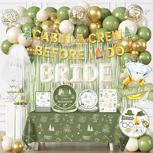 cocomigo 244 PCS Camp Bachelorette Decorations, Hassle-Free One-Stop Set for 25 Guests, With Balloon, Banner, Photo Props, Tattoos, Plates and Napkins, Easy Setup for Camp Bachelorette Party