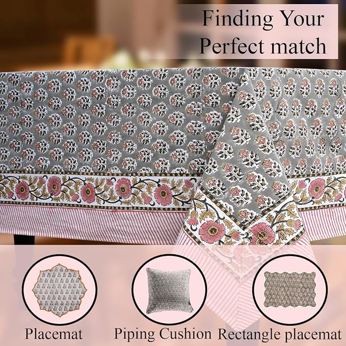 CPC Tablecloth 100% Cotton 80x120 Inch Indian Block Print Rectangle Table Cover, Blue Table Cloth for Weddings, Spring/Summer, Barbeque - Labra Grey