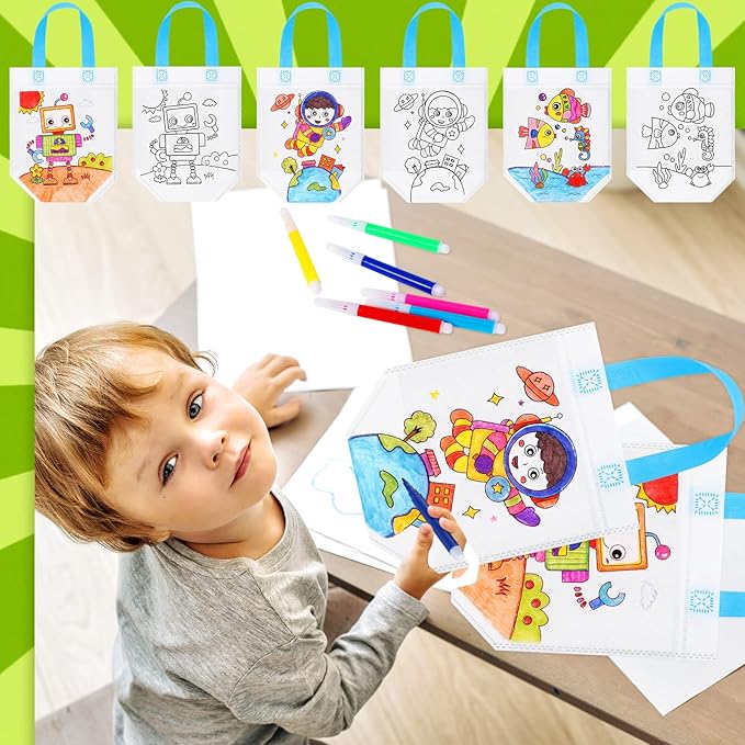 Chunful 24 Pcs Coloring Goodie Gift Bags for Kids Birthday Party with 120 Makers, Reusable Coloring Tote Bags Cute Cartoon Party Favor Non Woven with Colorful Pens DIY Crafts (Lovely with Maker)