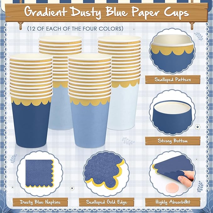 Mimorou 338 Pcs Dusty Blue Plates and Napkins Party Supplies for Guests Blue Tableware Include Scalloped Plates Paper Napkin Cup Spoon Fork Knife for Baby Shower, Wedding, Birthday