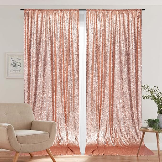 PartyDelight Rose Gold Sequin Backdrop Curtains 5x10ft 2 Panels | 3mm stitched sequin curtain with 4 inch rod pocket for 5x10ft wide reception wall head table stage backdrop and event display