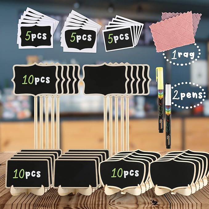 Mini Chalkboard Signs, 30 Pack Framed Small Chalk Board Food Labels with Easel Stand for Party Buffet or Wedding Celebration, Wooden Blackboard as Place Cards for Table Setting or Numbers (30)