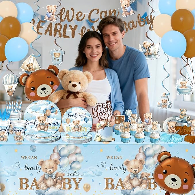 We Can Bearly Wait Baby Shower Decorations Boy, 200Pcs Teddy Bear Baby Shower Balloons Banner Plates Napkins Cake Toppers Tablecloth Honeycomb Balls for Bear Themed Party Decorations Severs 24