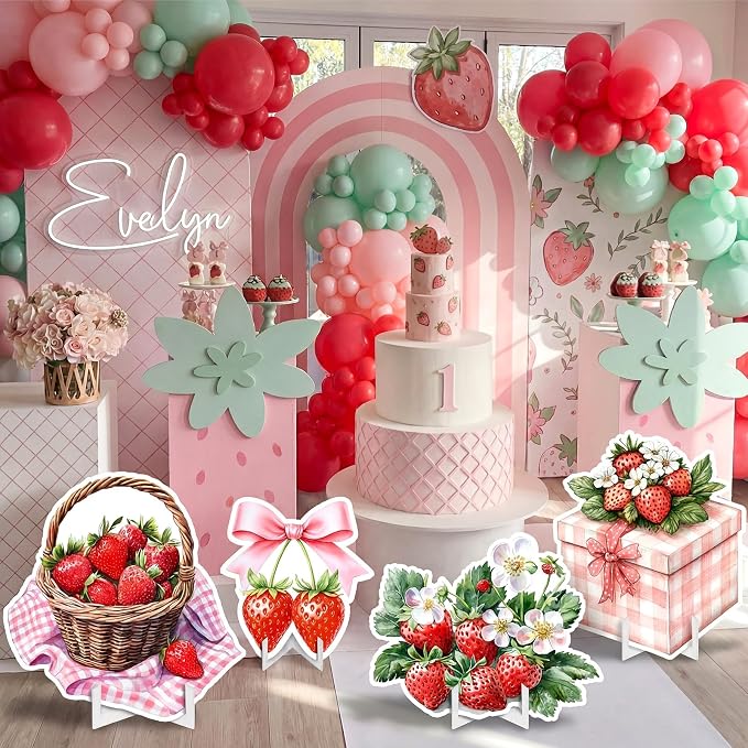Honoson 4 Pcs Large 32" Strawberry Baby Shower Decorations Cardboard Cutouts, Berry First Birthday Decor Backdrop Photo Booth Props for a Berry Sweet Baby Is on The Way Theme Party Supplies