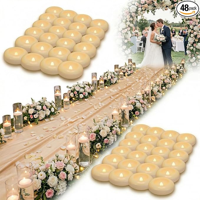 Aignis 48 Flameless LED Floating Candles, 2.2-Inch Plastic Battery Operated Tealights, Glow Time Over 200 Hours, Cozy Romantic White Light, Suitable for Pool/Bathtub/Hot Bath/Wedding Centerpiece Decor